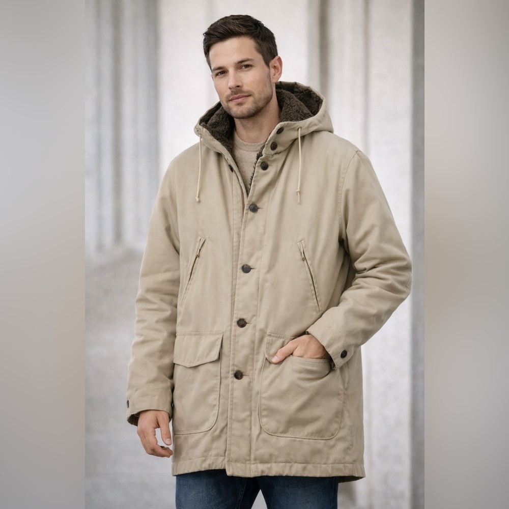 Vintage Glemot Deep Pile Fleece Lined Parka Coat Beige Hooded Size 40